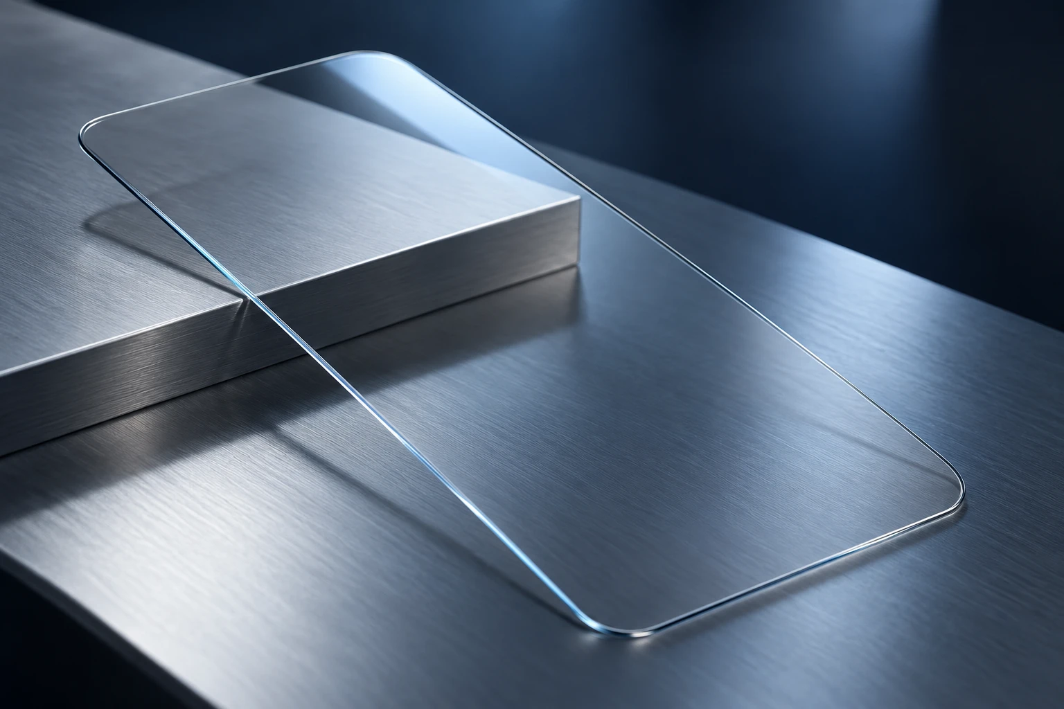 Concept photograph of a thin flat transparent screen protector with a subtle blue edge on a silver surface