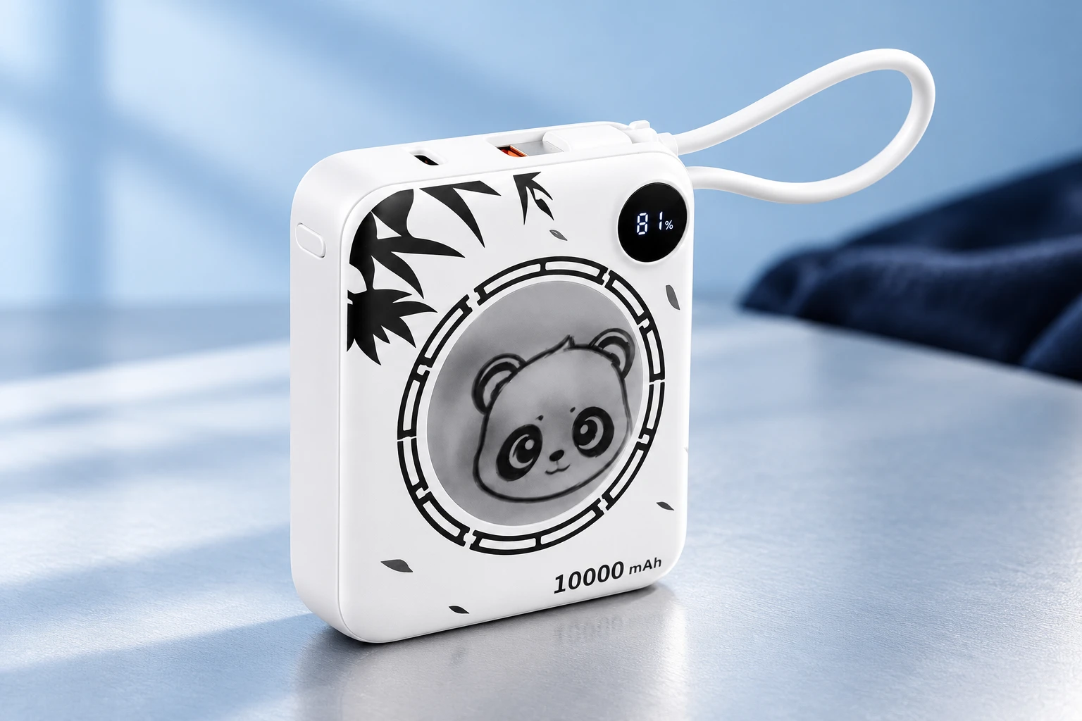 White Panda Pocket 10K power bank with a flat panda optical image, battery display and one integrated loop cable